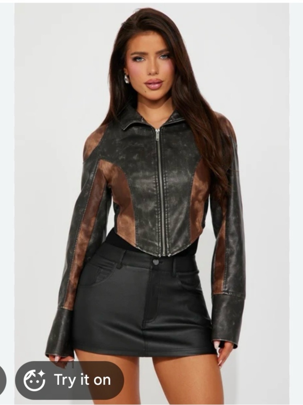 Fashion Nova Black and Brown Two-Tone Cropped faux Leather Jacket
